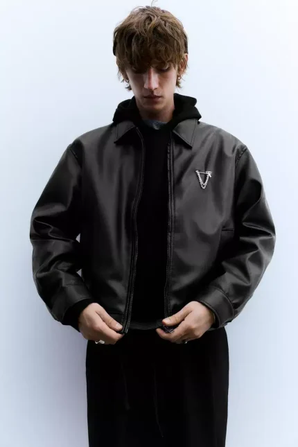 Leather effect trucker jacket 1.webp